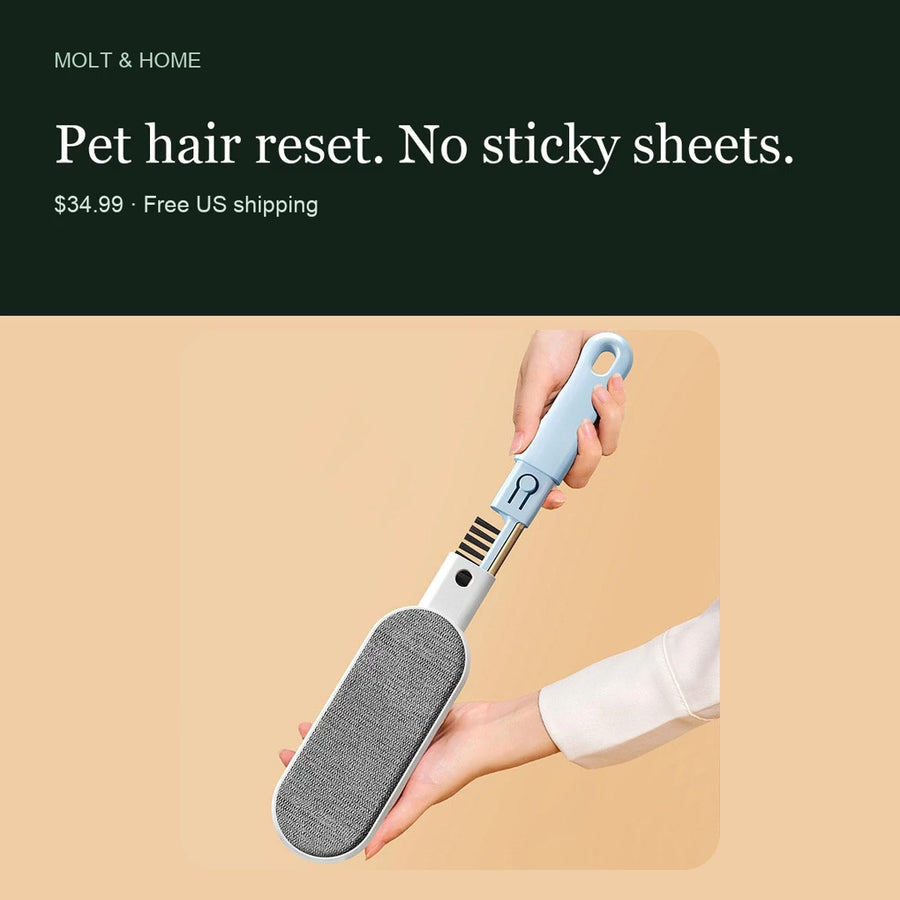 Fur Reset 15s demo: nested brush and insert for pet hair on fabric